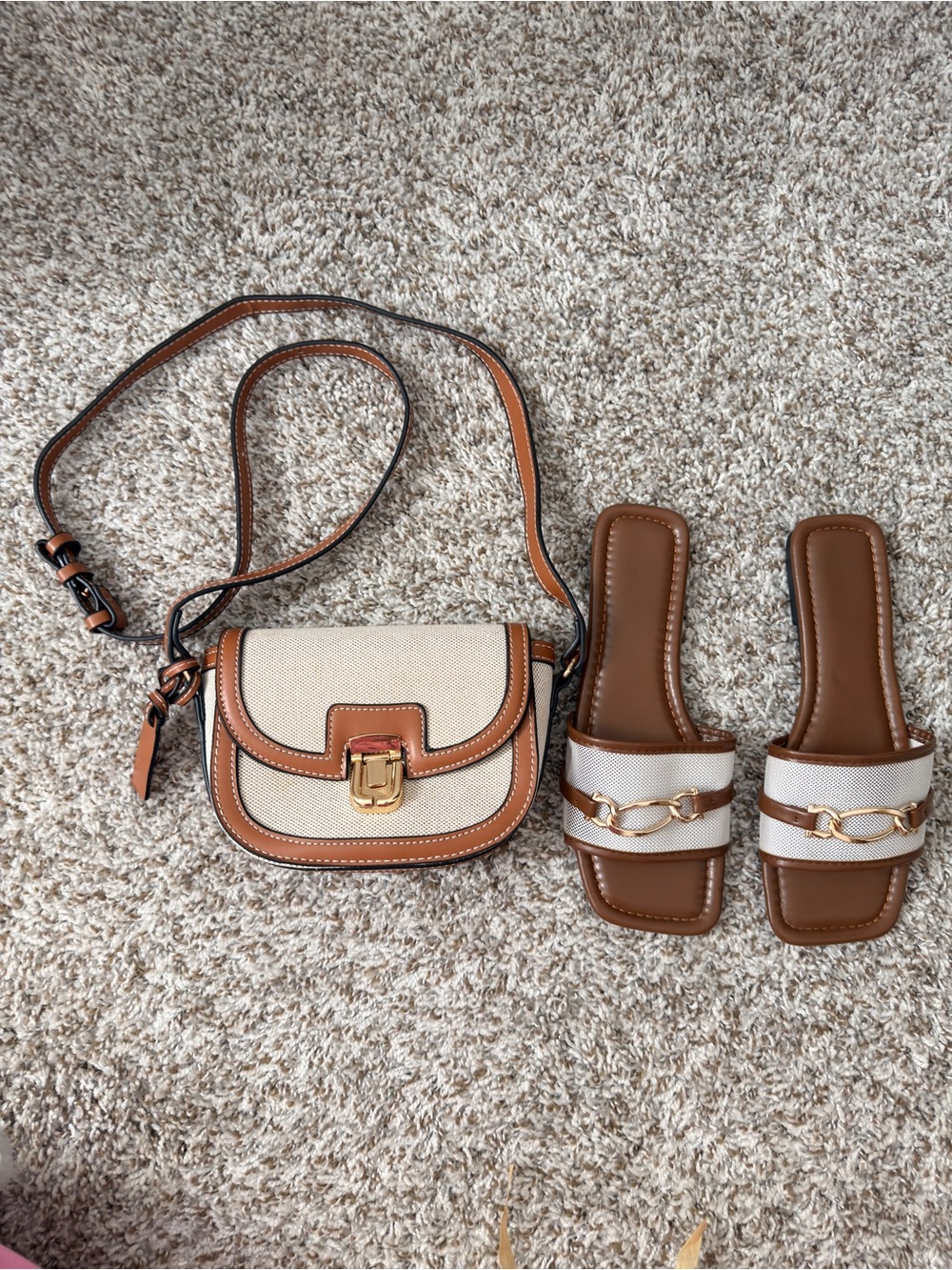 Tan and Cream Crossbody Bag with Matching Slide Sandals